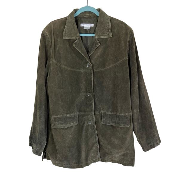 Jessica Holbrook Vintage Olive Green Thigh Length Suede Jacket Button Front - Picture 1 of 16